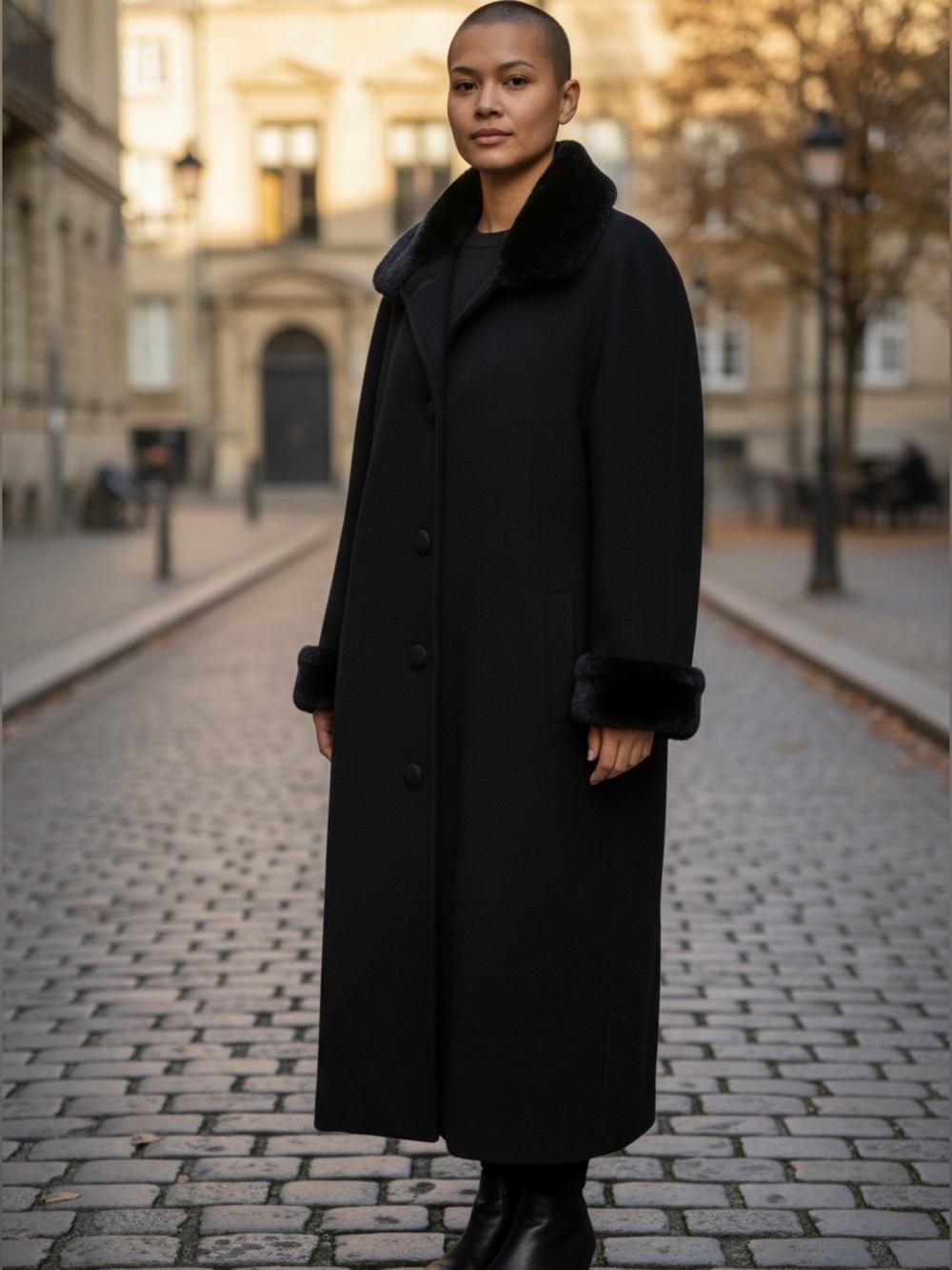 80s ALBERT NIPON BOUTIQUE ELEGANT BLACK WOOL TRENCH COAT W FAUX FUR TRIM SZ 8